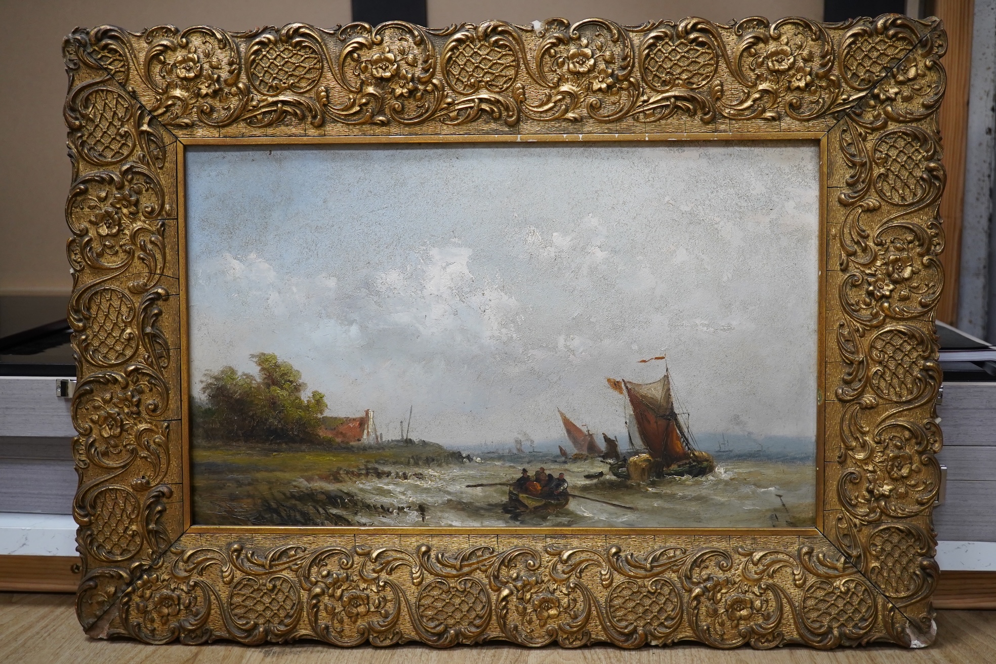 English School, c.1900, oil on board, Fishing boats off the coast, unsigned, 28 x 45cm, ornate gilt framed. Condition - poor to fair